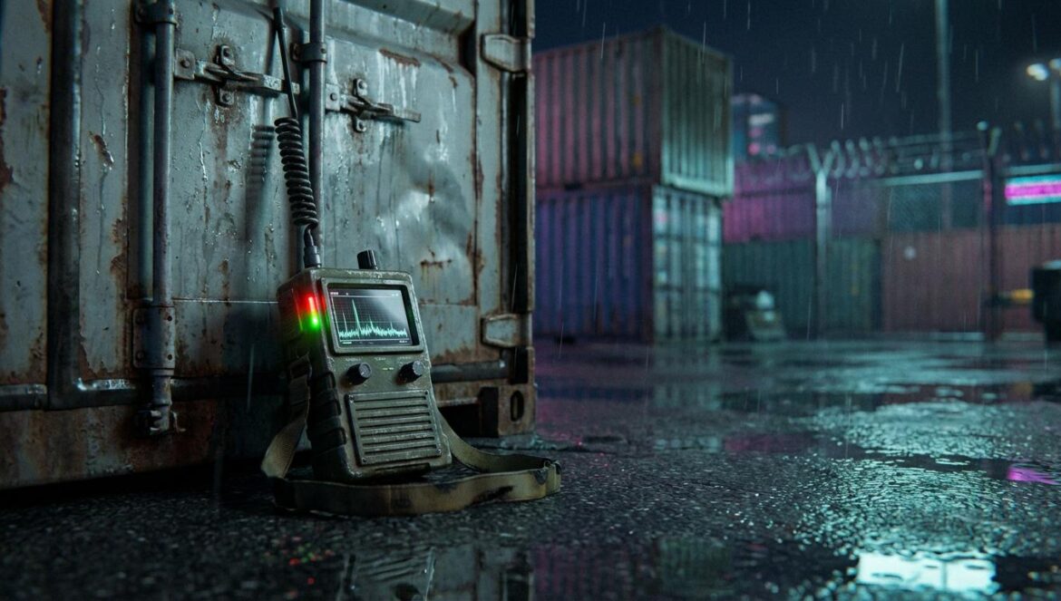¿Radiofrecuencia antirrobo? La pista que encontró un contenedor con 25 motos y dejó al GPS en ridículo Receptor portátil de radiofrecuencia junto a la puerta de un contenedor metálico en un puerto, de noche y con suelo mojado y reflejos.