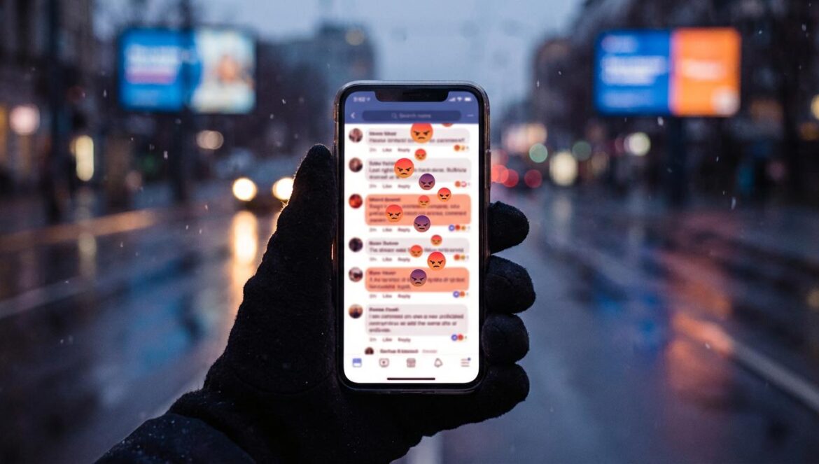Rage bait en 2025: cuando MAGA se volvió pop y el algoritmo nos entrenó para enfadarnos Primer plano de un móvil con un feed borroso lleno de reacciones de enfado, con una calle nocturna y vallas provocadoras al fondo, suelo mojado por la lluvia.