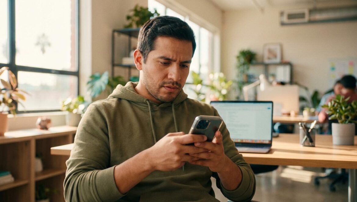 Registro de líneas celulares en México: del anonimato al número como identidad total Joven registrando su línea celular desde el móvil en un entorno de oficina moderno.