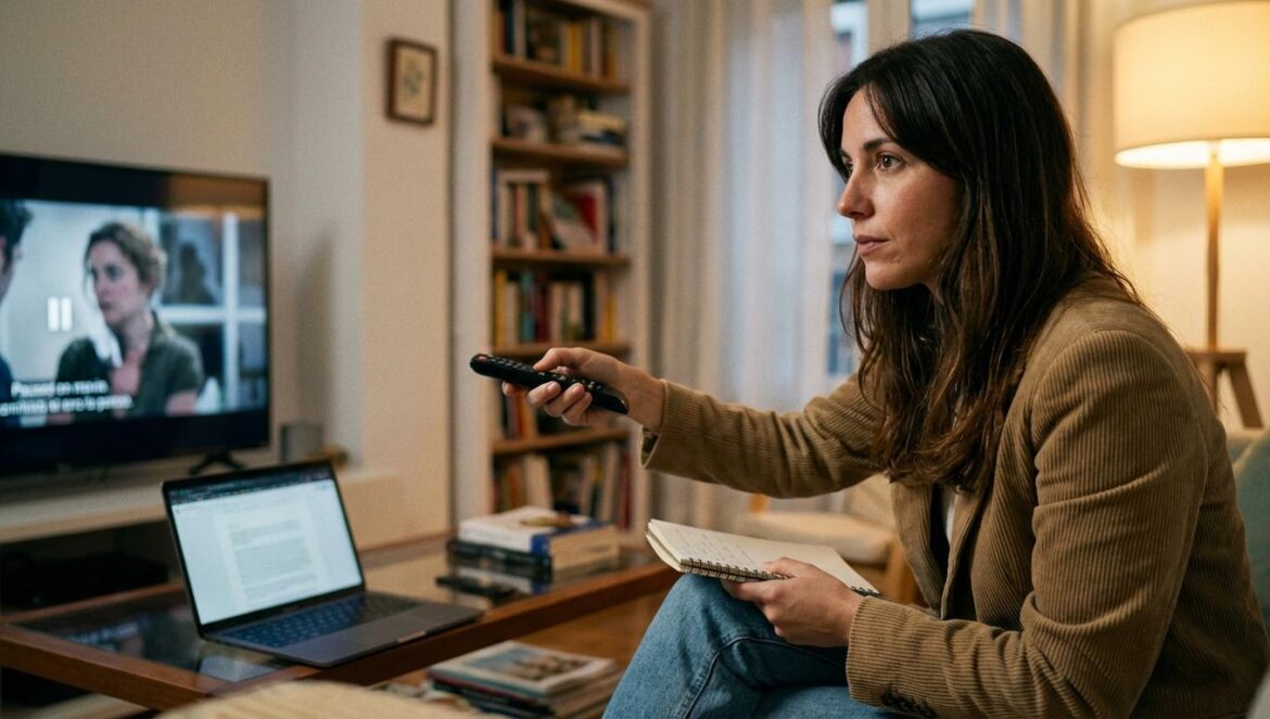 Regreso al Futuro 3: el gesto de Verne que reescribe el final 35 años después Periodista cultural pausando una película mientras toma notas en una libreta, con luz cálida y un salón desenfocado al fondo
