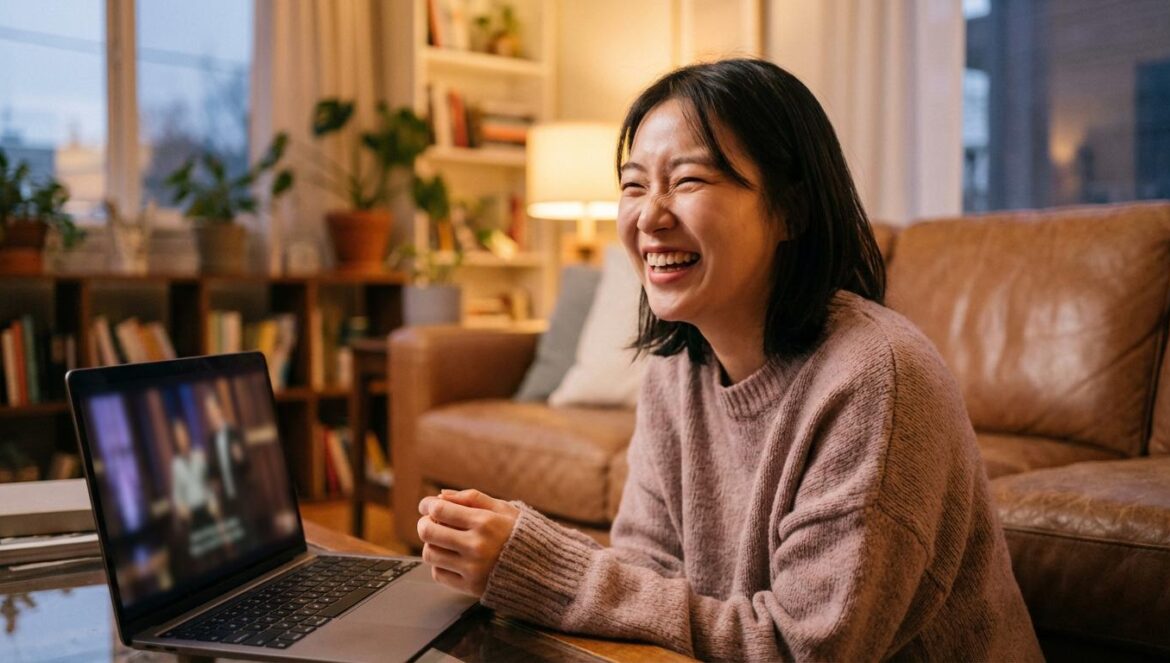 Running Man sabotea su propio viaje romántico con el quiz más caótico Joven coreana riéndose mientras ve un programa de variedades en su portátil en el salón.