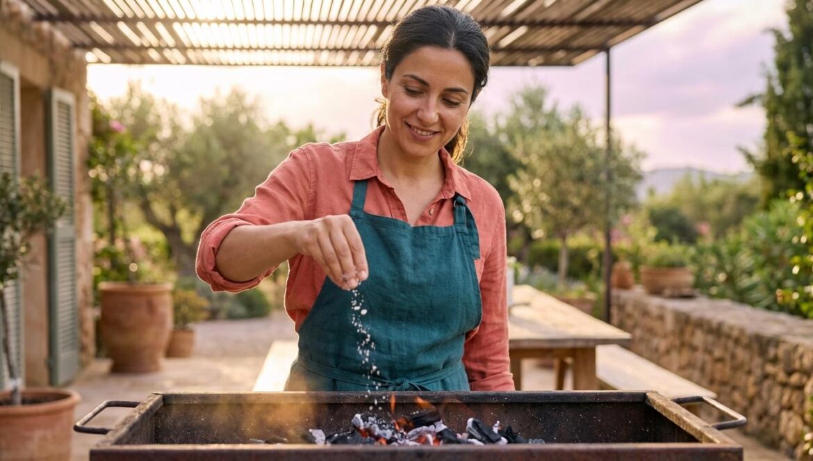 Sal gruesa en las brasas: el hack parrillero que cambia tu churrasco Mujer cocinera espolvoreando sal gruesa sobre brasas encendidas en una barbacoa al aire libre.