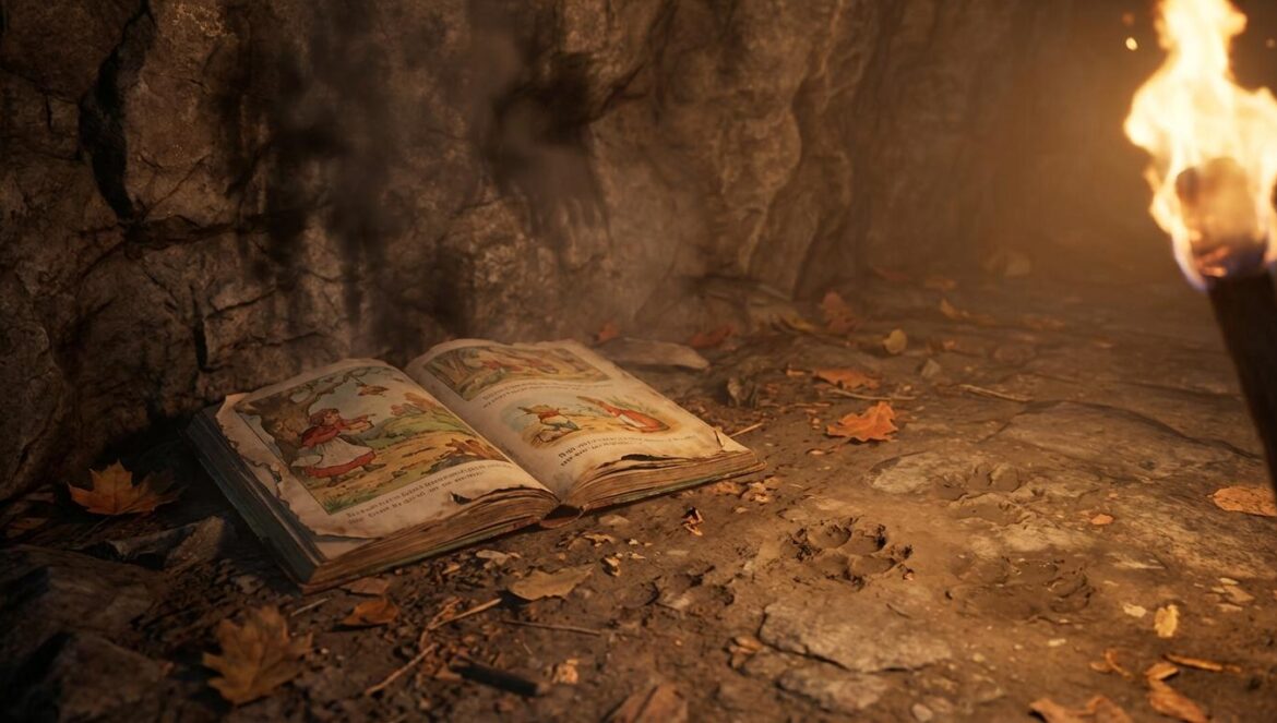 Sanichar, el niño lobo real: la verdad incómoda detrás de El libro de la selva Un libro infantil envejecido sobre piedra de cueva, con huellas de lobo en polvo y luz cálida de antorcha, ambiente oscuro y terroso