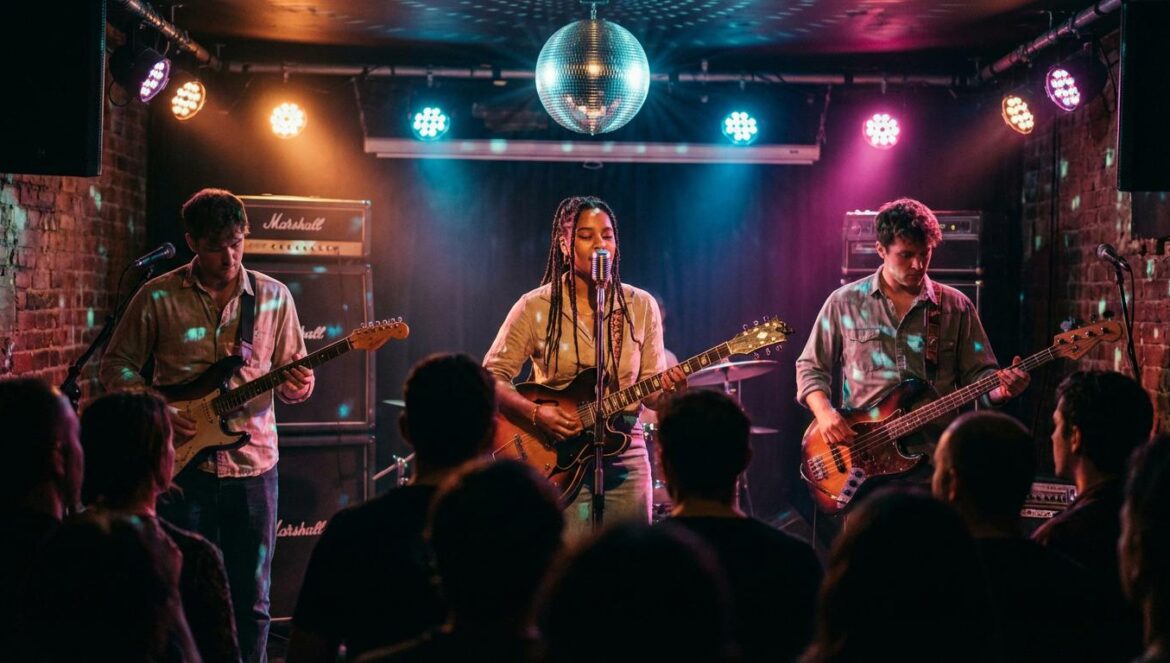 Scotch Mist: el indie que suena a disco sin perder el corazón Tres músicos tocando en una sala pequeña, con bola de discoteca y luces neón, mientras el público aparece en sombras al fondo.