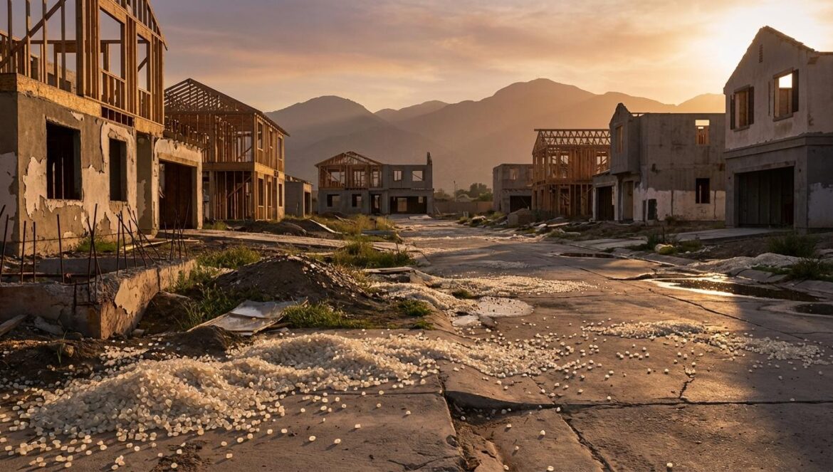 Siete Aguas: la urbanización fantasma que ahora se juega como un mapa de Call of Duty Calle de urbanización abandonada con chalets a medio construir, luz de atardecer y bolitas biodegradables de airsoft sobre el suelo agrietado