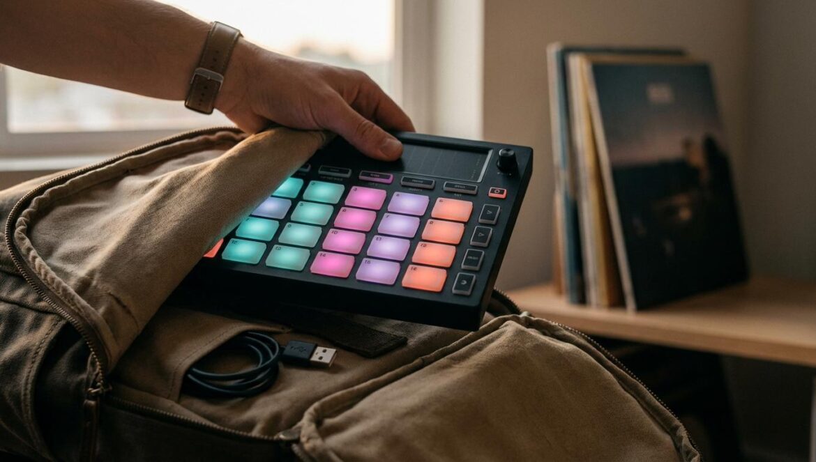 Controlador de pads compacto asomando de una mochila, con 16 pads, un touch strip y un cable USB en un entorno de estudio sencillo