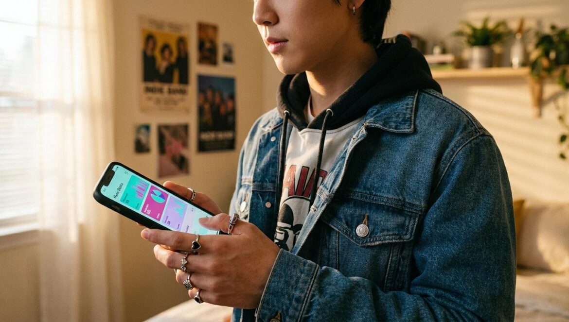 Spotify Wrapped K-Pop 2025: BTS manda fuera, Jimin domina en Corea y el fandom se parte en dos Joven mirando las estadísticas de música en su móvil, con pósters de ídolos desenfocados al fondo.