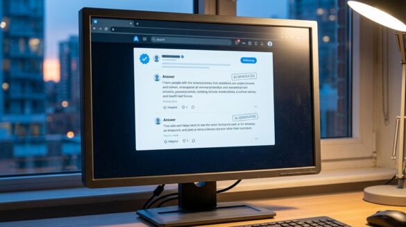 Monitor con una página tipo foro de preguntas y respuestas, con un sello de “verificado” destacado y marcas suaves de “generado por IA” en algunas respuestas