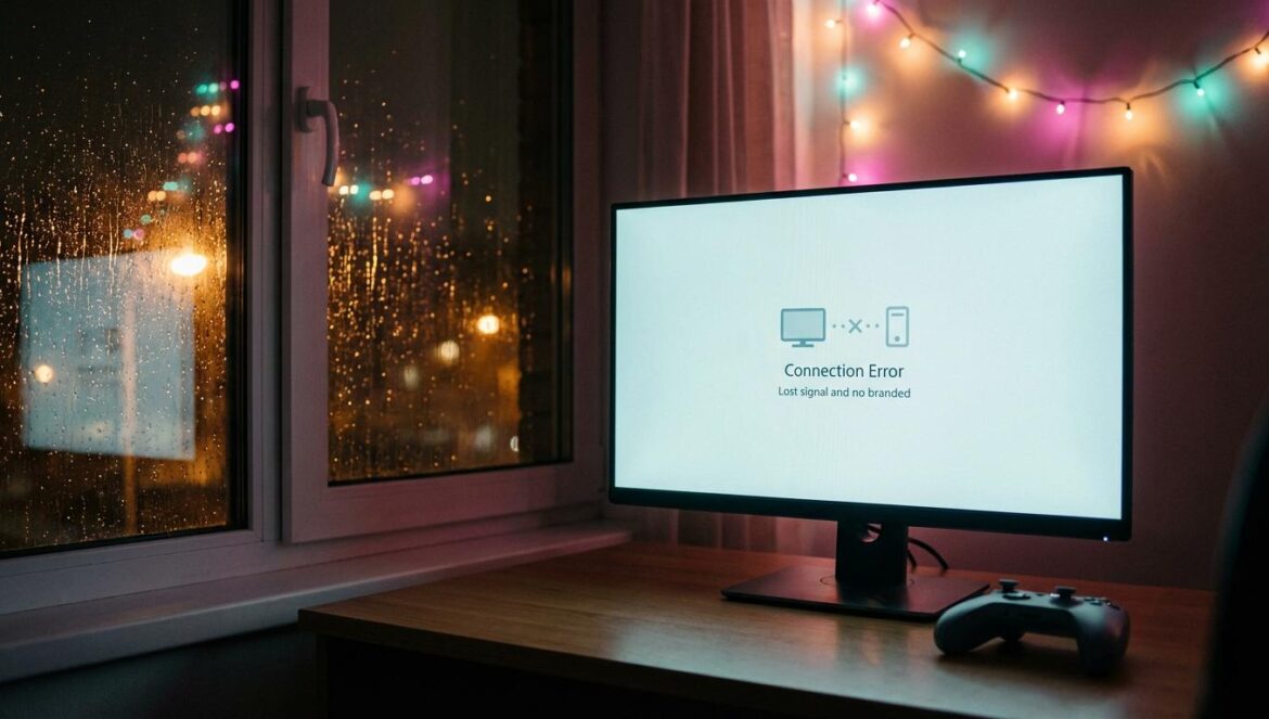 Steam se cae en Nochebuena: la biblioteca que creías tuya, de repente no manda Monitor de sobremesa con error de conexión, mando en la mesa y luces navideñas suaves en un salón por la noche.