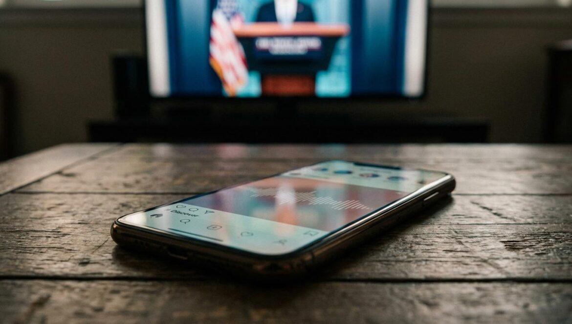SZA vs Casa Blanca: el pop choca con la propaganda y la semana lo dejó clarísimo Un móvil con una publicación borrosa sobre música en primer plano, y al fondo una televisión desenfocada con un atril de rueda de prensa oficial.