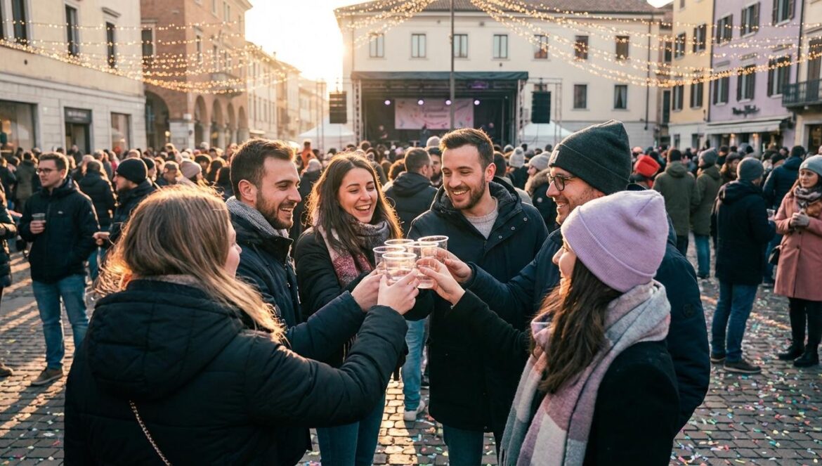 Tardevieja: la fiesta de tarde que le gana terreno a Nochebuena y Nochevieja (y explica una época) Gente abrigada brindando en una plaza con luces cálidas al atardecer, vasos de plástico y confeti en el suelo, ambiente festivo de tarde en invierno