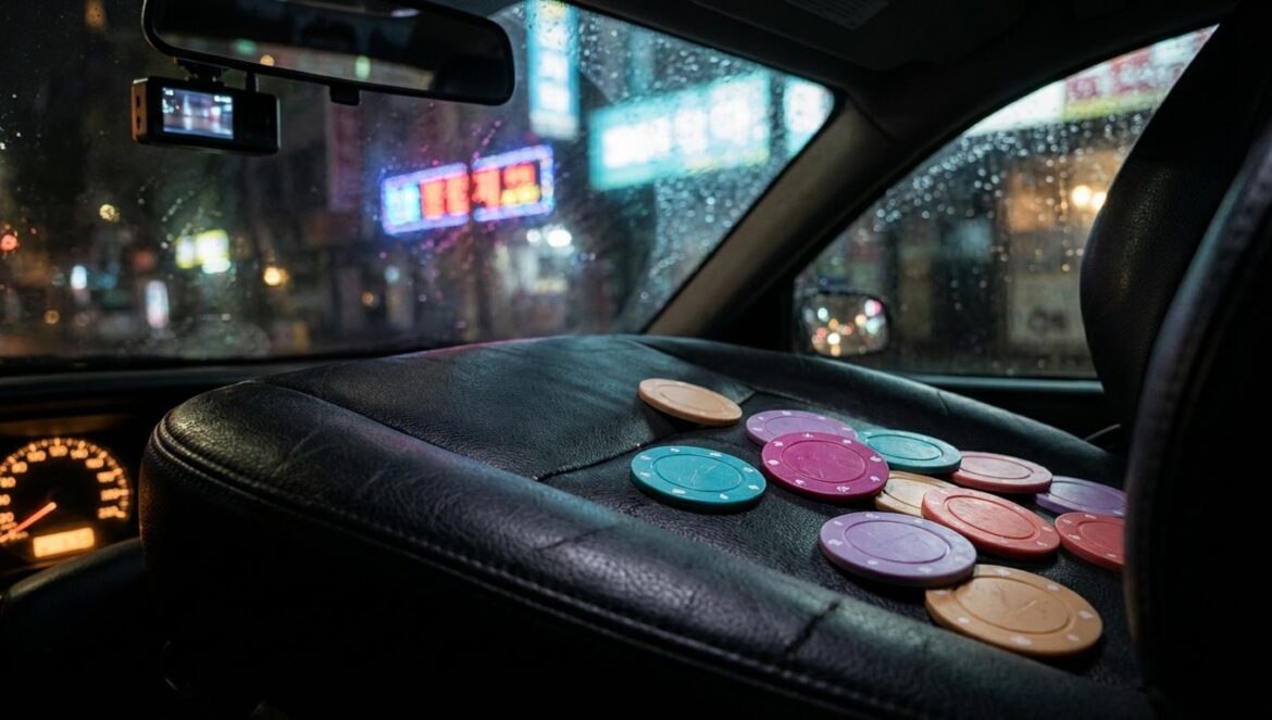 Taxi Driver 3: por qué los episodios 7-8 duelen y enganchan a la vez Fichas de póker derramadas en el asiento de un taxi, con luces neón nocturnas y lluvia en la ventana, reflejo de una cámara en el retrovisor.