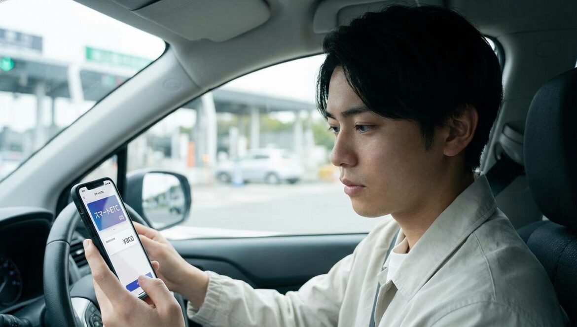 Telepeaje japonés vs picaresca latina: el apagón que destapó el sistema Conductor joven japonés en su coche mirando el móvil con una app de peaje abierta frente a cabinas de autopista.