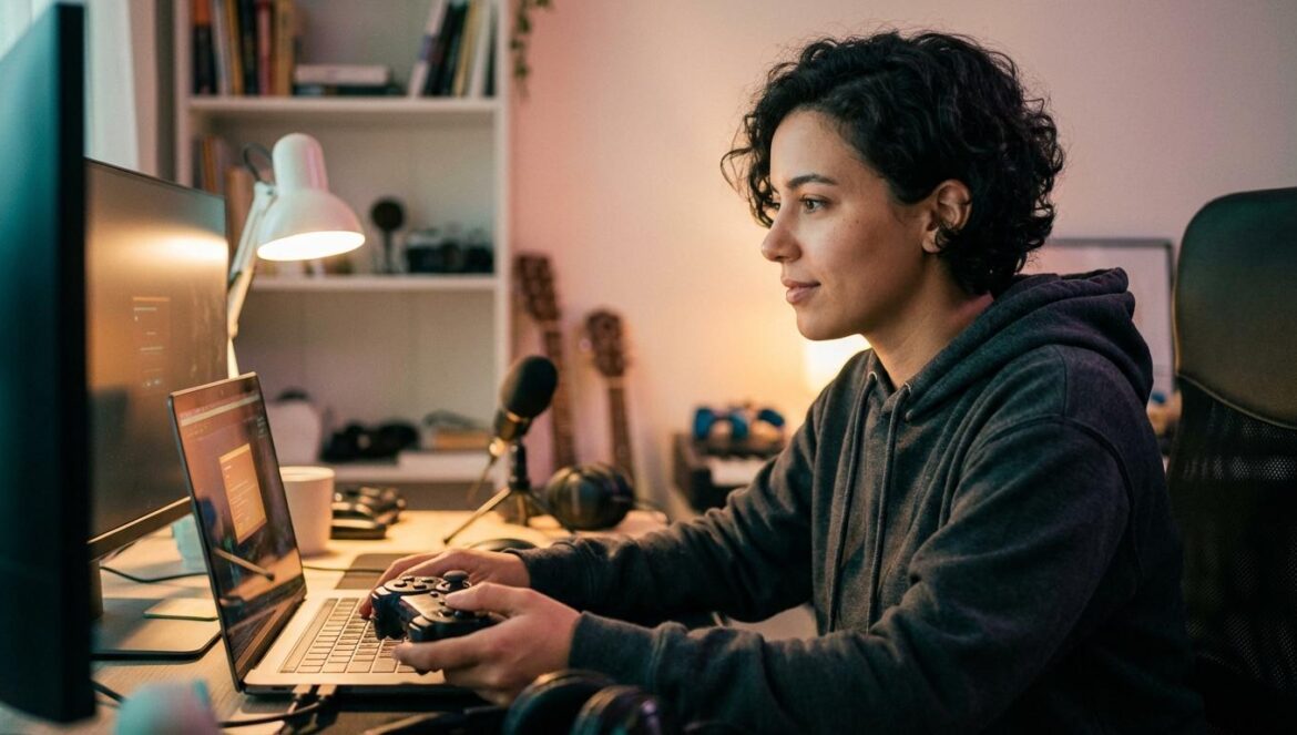 The Game Awards 2025: un indie arrasa y obliga a los AAA a replantearse el juego Desarrollador indie con sudadera tecleando en un portátil y sujetando un mando, con luz de monitor y un micro en un estudio casero desenfocado