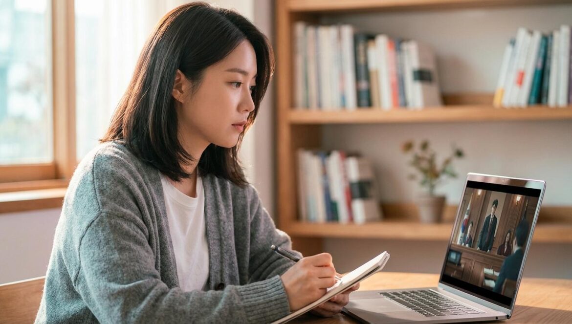 The Judge Returns y su elenco oculto: el verdadero poder del drama legal Joven coreana viendo un drama legal en su portátil y tomando notas, con estanterías borrosas detrás.
