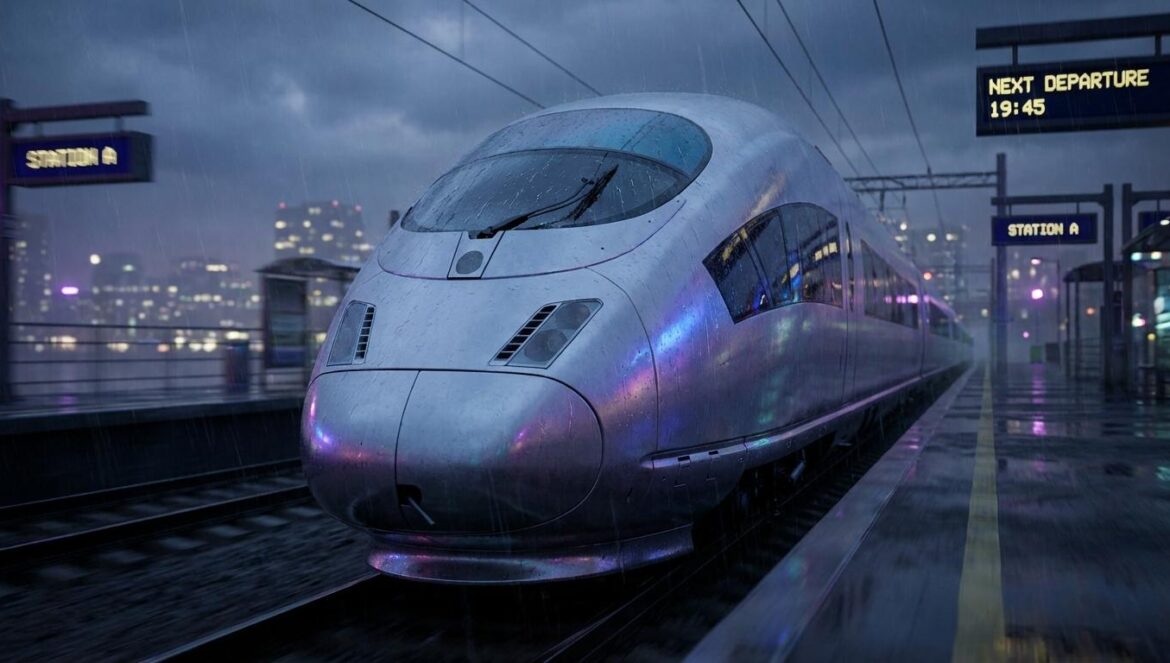 Tren bala chino vs avión: la clave “invisible” que lo está ganando todo Primer plano de un tren de alta velocidad avanzando al atardecer, con rieles mojados y luces de estación desenfocadas al fondo