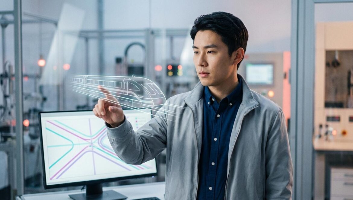 Tren supersónico chino: el Maglev T-Flight a 4.000 km/h y el problema incómodo del mantenimiento Joven ingeniero observa en una pantalla el diseño holográfico de un tren Maglev de alta velocidad.