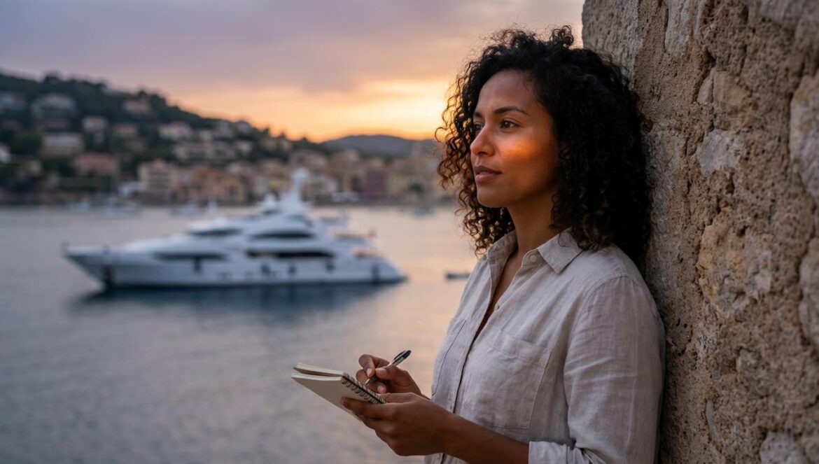 Vacaciones del emir de Catar en Mallorca: el lujo que delata nuestro cansancio Mujer joven observa un superyate en la costa mediterránea al atardecer, con libreta en mano.