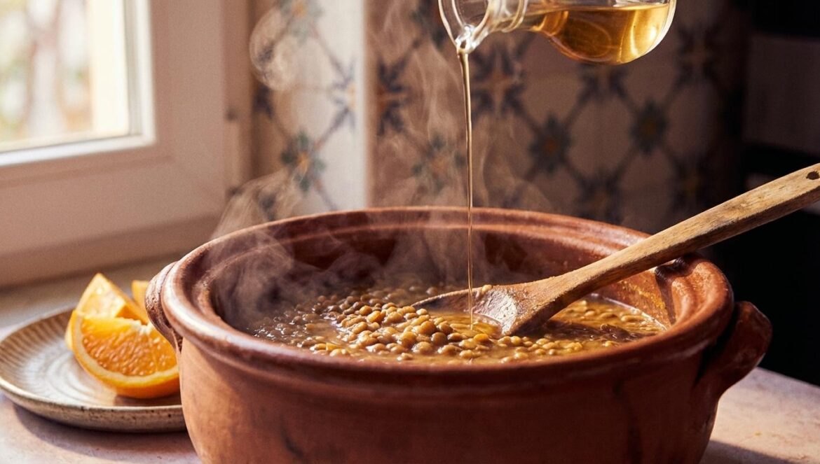 Vinagre en las lentejas: el detalle de abuela que explica por qué tu hierro “no llega” Olla de lentejas humeantes con un chorrito de vinagre cayendo, y una naranja cortada al lado sobre un plato de cerámica, luz natural.