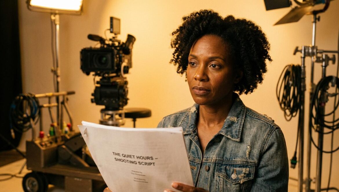 Viola Davis contra su propio Oscar: qué nos enseña su arrepentimiento con ‘Criadas y señoras’ Actriz negra de mediana edad sostiene un guion en un set de rodaje, pensativa, con focos desenfocados detrás.