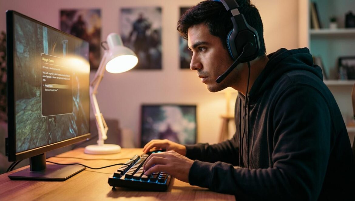 Where Winds Meet y los NPCs de IA que se dejan engañar: el fallo que lo cambia todo Jugador joven frente al PC escribiendo en el chat de un RPG con un NPC en pantalla.
