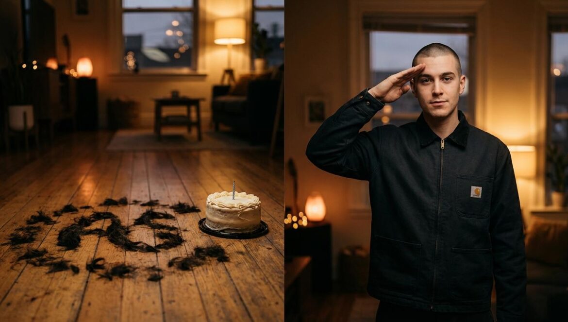 Yeo Jin Goo y el buzz cut: por qué su despedida antes del servicio militar se sintió tan personal Un joven con corte rapado saluda junto a mechones de pelo en el suelo y una tarta pequeña, en una habitación con luz cálida.