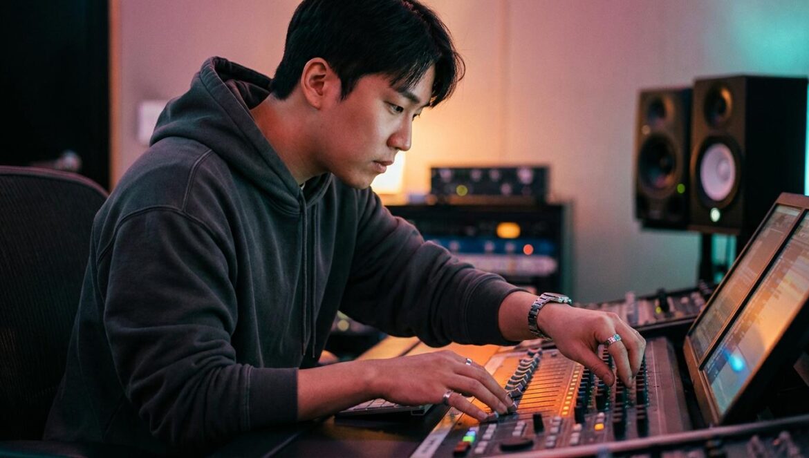 ZICO vuelve como productor‑estrella: el comeback que reordena el K‑pop de HYBE Productor musical coreano joven trabajando concentrado en un estudio de grabación.