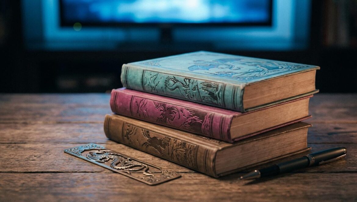 Acuerdo Cosmere: Sanderson se blinda en Apple TV Montón de novelas de fantasía en una mesa con el resplandor azul de una TV al fondo, luz cinematográfica y enfoque cercano.