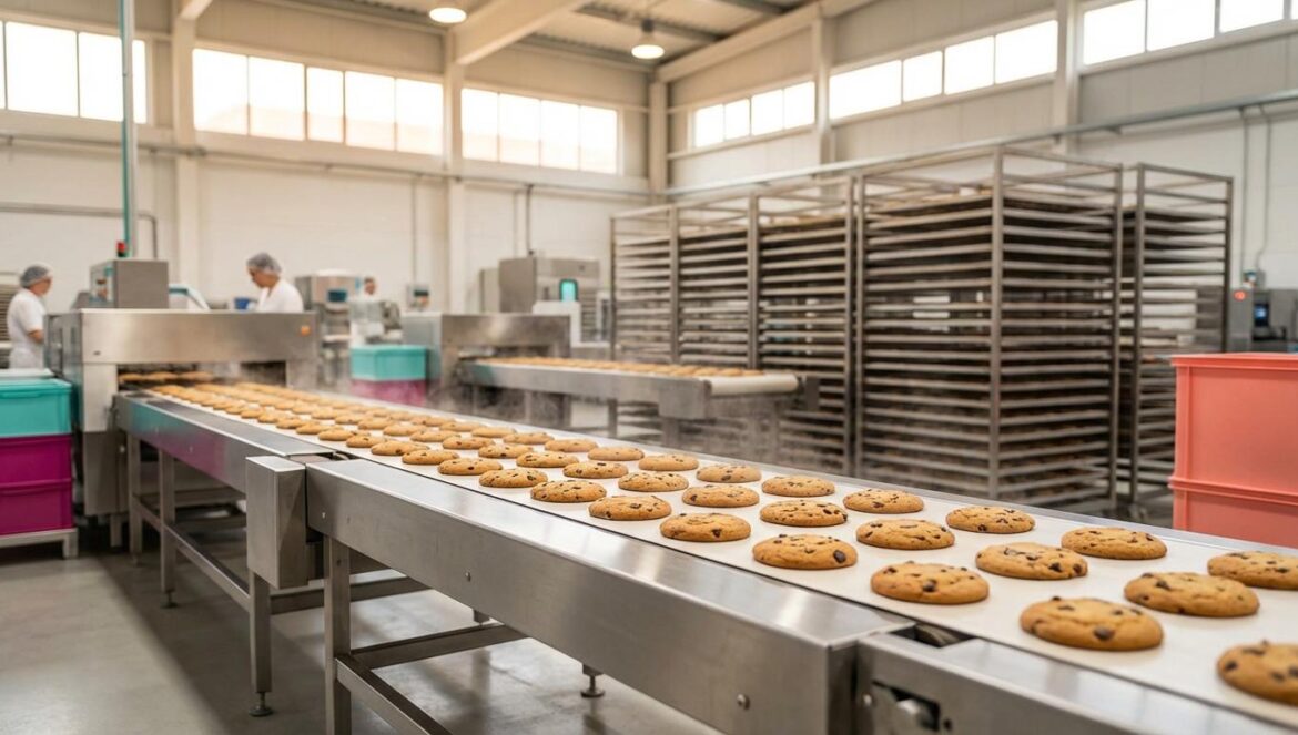 Adam Foods en Marruecos: la galleta cruza el Estrecho Línea industrial moderna con galletas recién horneadas en cinta transportadora, maquinaria de acero y bandejas apiladas en una nave luminosa.