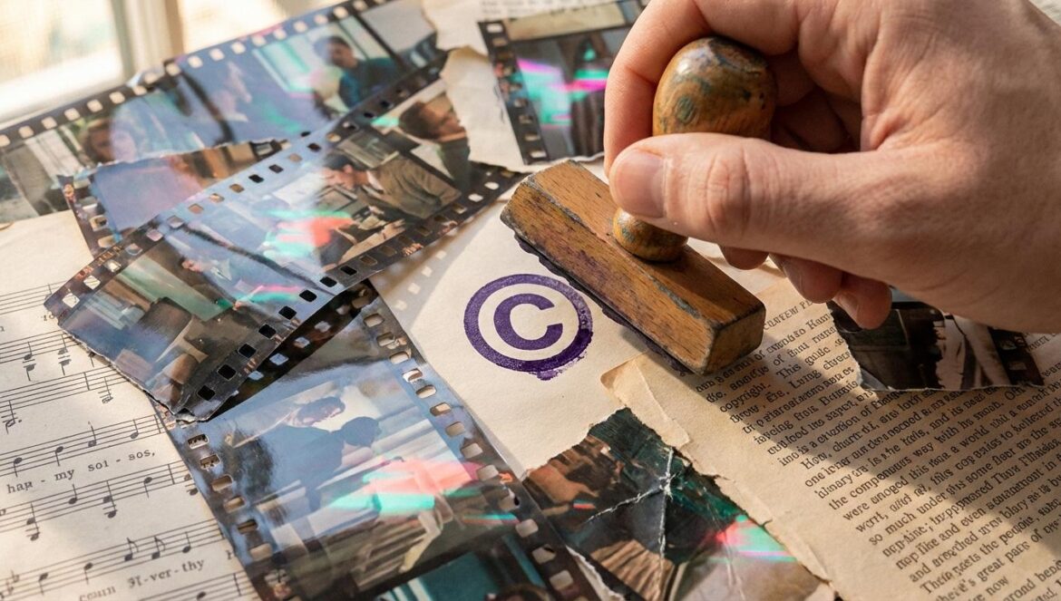 Un sello de copyright marcado sobre un collage de páginas, partituras y fotogramas con bordes rasgados y un leve efecto de glitch digital
