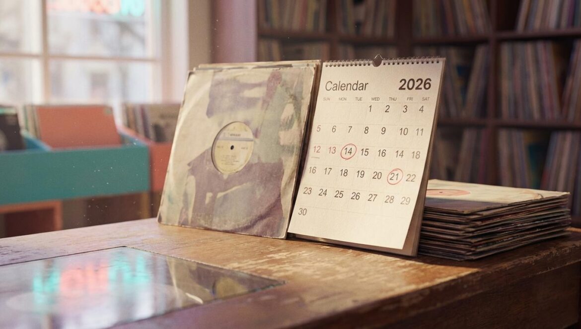 Álbumes más esperados de 2026: por qué el hype hoy se filtra antes de publicarse Calendario de 2026 con fechas marcadas en rojo junto a fundas de vinilos sin logos, sobre un mostrador con luz suave de tarde