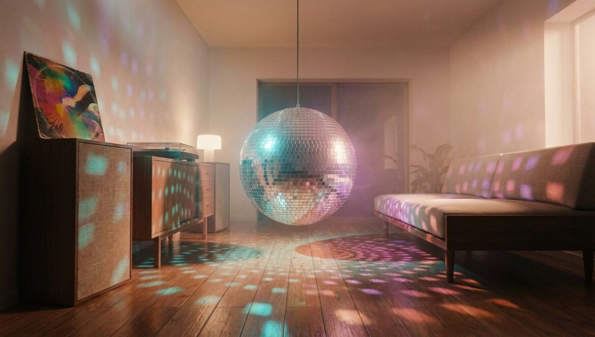 Aperture de Harry Styles: dance pop con freno Bola de espejos en un salón con luz tenue y bruma, reflejando destellos sobre un suelo de madera junto a un tocadiscos.