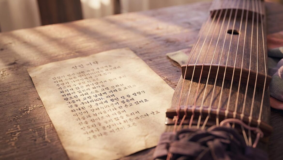 ARIRANG de BTS: por qué el fandom convirtió un canto antiguo en clase global Hoja envejecida con letras en hangul junto a un instrumento tradicional de cuerda, en primer plano con luz cálida sobre una mesa de madera.