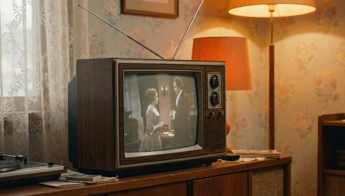 As Pupilas do Senhor Reitor: la telenovela de Record que nadie pudo destronar desde 1970 Un televisor antiguo de madera con antena, encendido en una sala cálida, con una escena de época desenfocada en la pantalla