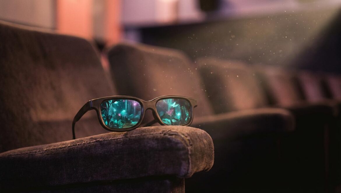Gafas 3D sobre el reposabrazos de una butaca, con reflejos azules de un bosque luminoso en la lente, en una sala oscura y vacía