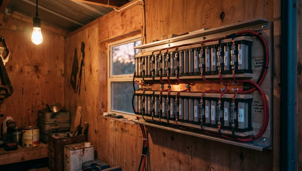 Baterías de portátiles vs la red eléctrica: el DIY que lleva desde 2016 encendiendo una casa Rack de celdas de batería reutilizadas con fusibles y barras de cobre dentro de un cobertizo técnico, iluminado con luz suave de tarde