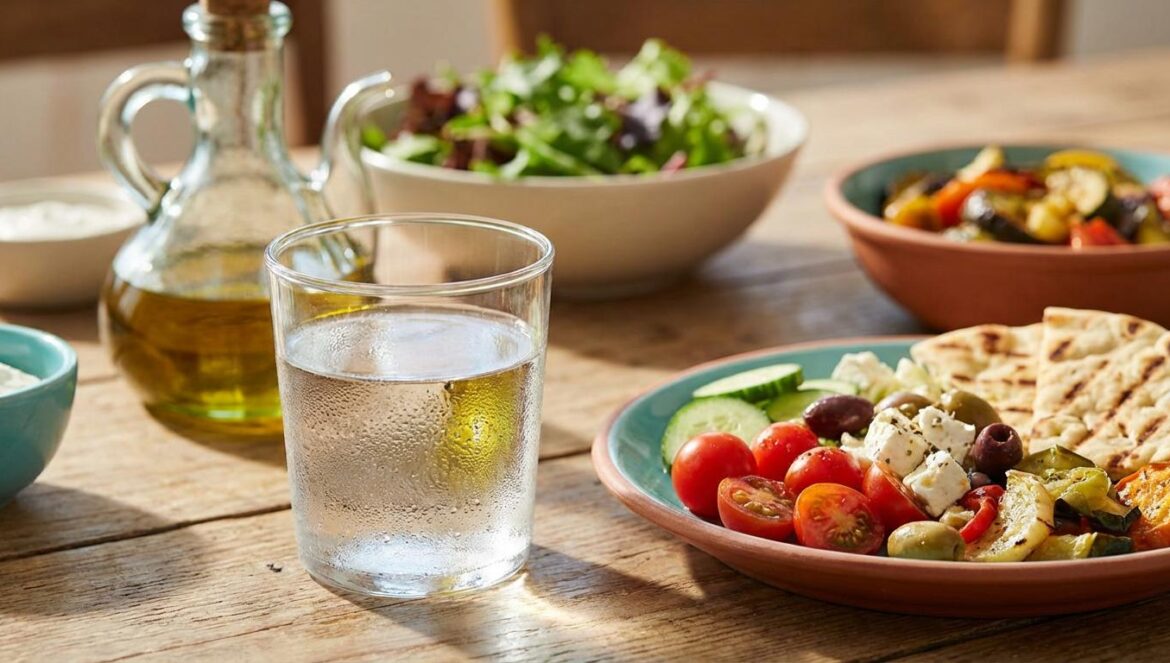 Beber agua mientras comes: el gesto healthy que, si te pasas, te puede dejar más pesado Vaso de agua con condensación junto a un plato mediterráneo en mesa de madera, con aceite de oliva y verduras desenfocadas al fondo