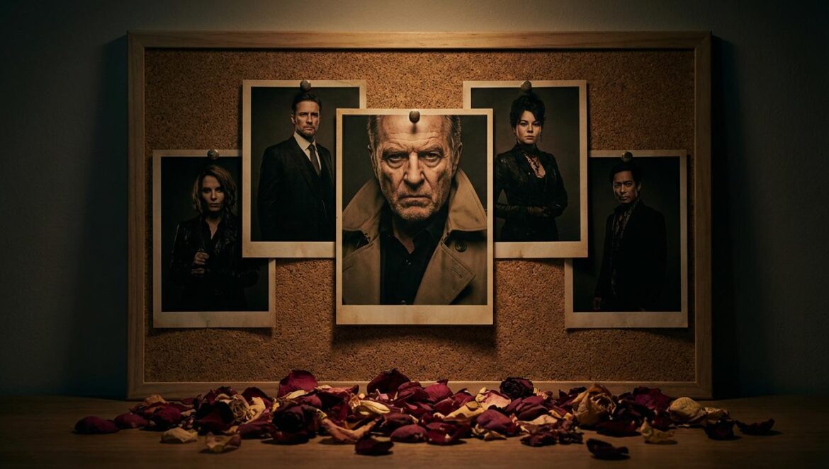 Bloody Flower: el asesino que cura y rompe la ley Cinco pósters tipo thriller en un corcho, con pétalos rojos en el suelo y luz dramática, ambiente de misterio.