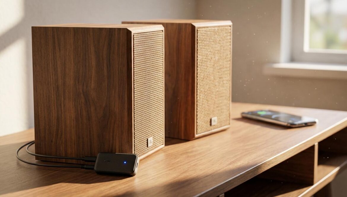 Bocinas vintage con esteroides: el hack de 5 dólares para jubilar tus cables Altavoces de madera antiguos con un pequeño receptor Bluetooth moderno conectado, iluminados por luz natural sobre un escritorio.