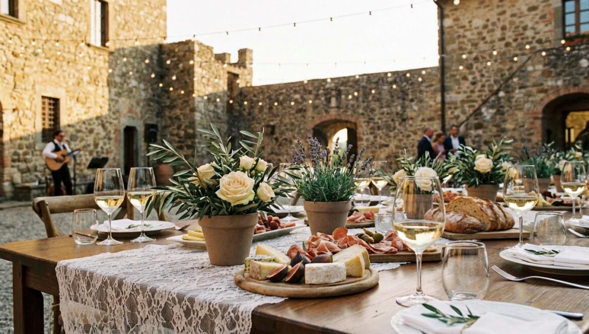 Mesa de boda minimalista en patio de castillo, con comida local, copas de vino blanco y flores sencillas a la luz cálida de la tarde