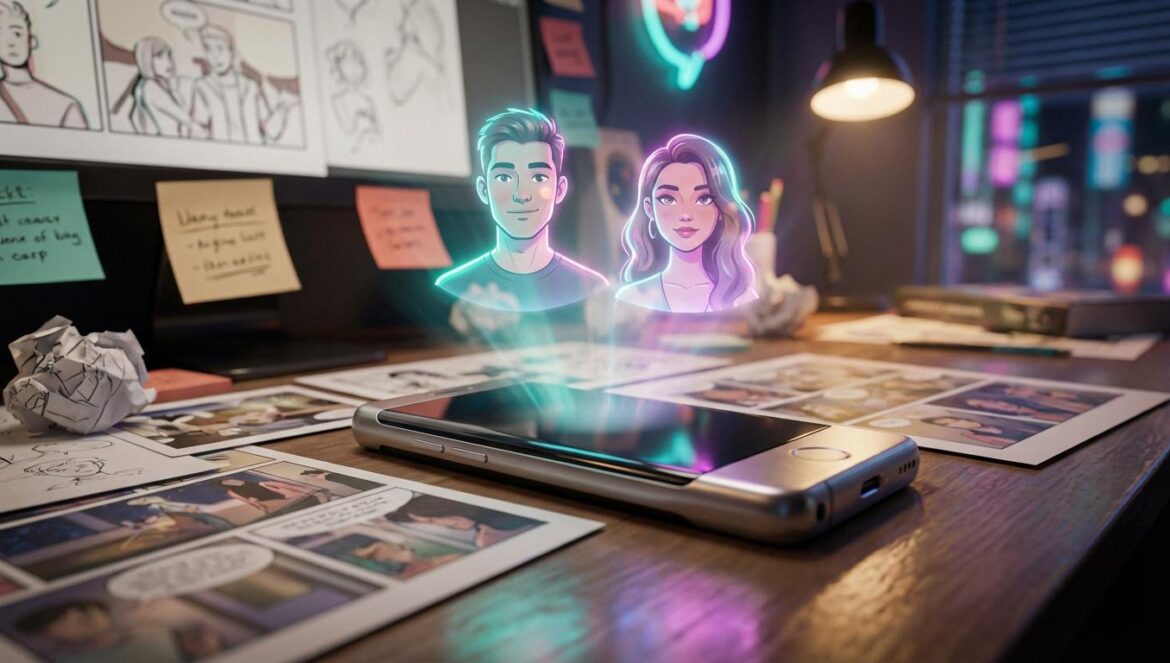 Boyfriend on Demand: la rom-com de Jisoo y Seo In Guk que convierte el “novio ideal” en suscripción Dispositivo futurista proyectando hologramas de citas sobre una mesa con bocetos de webtoon y luces nocturnas