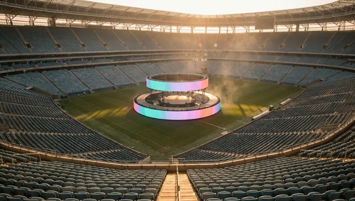 BTS en Madrid: por qué el escenario 360° puede cambiar la batalla por las entradas Interior de un estadio con un escenario circular 360° en el centro, gradas alrededor y pantallas LED encendidas con luz de atardecer