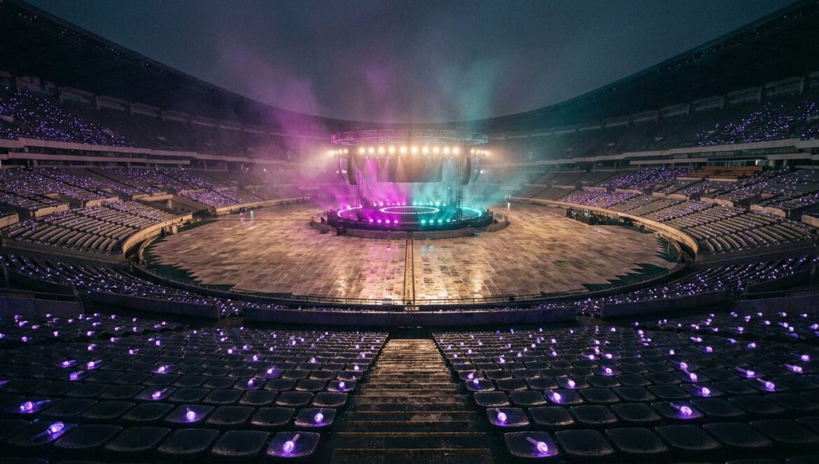BTS WORLD TOUR: por qué esta gira récord (79 shows) cambia el mapa del pop global Estadio nocturno con un escenario circular 360° iluminado y luces moradas en las gradas, ambiente con ligera neblina y suelo húmedo