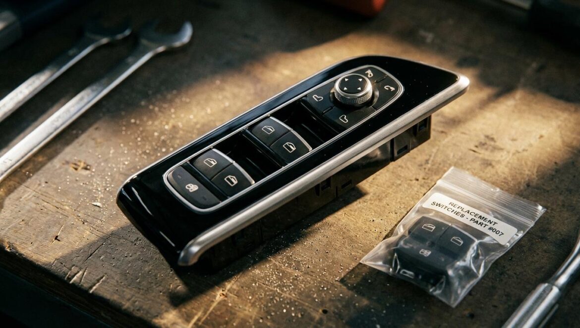 ¿Bugatti Veyron: por qué un botón puede costar 11.000 € y lo que dice del lujo de hoy? Primer plano del botón del retrovisor en una puerta de coche de lujo, sobre una mesa de taller con un paquete de repuestos idénticos al lado