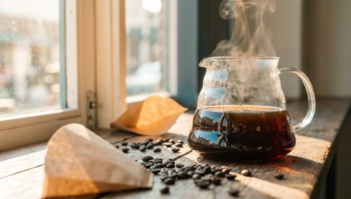 Café y microbioma intestinal: por qué tu taza también alimenta bacterias buenas Cafetera de filtro con café humeante en jarra de cristal, luz de mañana en una encimera de madera con granos de café y un filtro de papel