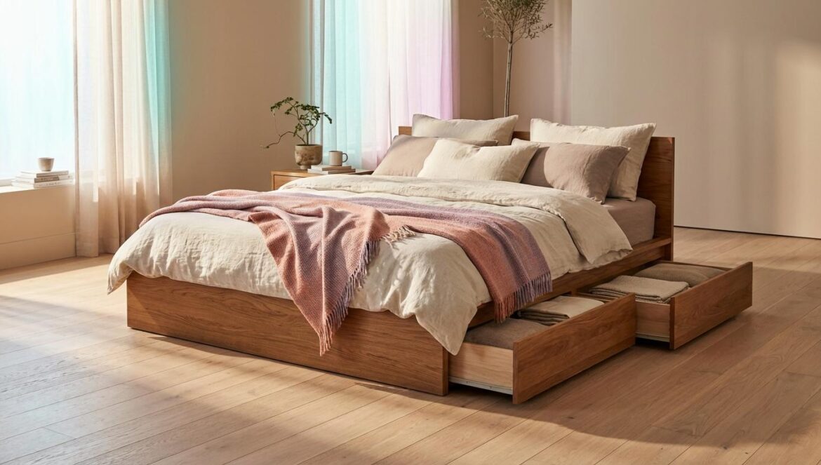Camas con cajones: la tendencia que jubila el canapé y hace tu dormitorio más liviano Cama baja con cajones laterales apenas abiertos, ropa de cama de lino y piso de madera, en un dormitorio minimalista con luz cálida de mañana.