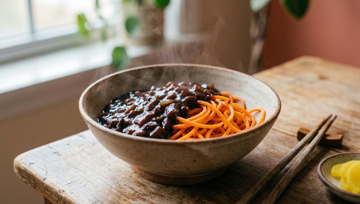 Carrot jajangmyeon: el giro que hace a la zanahoria sentirse como fideos coreanos Bol humeante con salsa negra brillante sobre fideos de zanahoria en espiral, en mesa de madera con palillos al lado