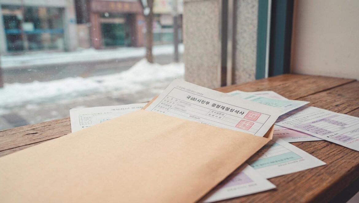 Cha Eun Woo y los 20.000 millones: por qué su caso fiscal importa más de lo que parece Sobre con notificación fiscal en coreano, abierto sobre una mesa de madera, con sello rojo y papeles oficiales alrededor, luz invernal suave