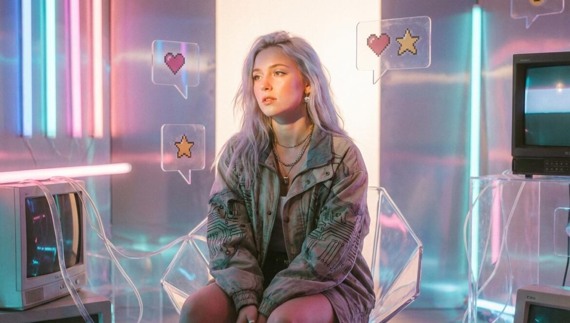 Una joven artista en un entorno digital retro de los años 80 con luces de neón rosa y azul y burbujas de chat flotantes.