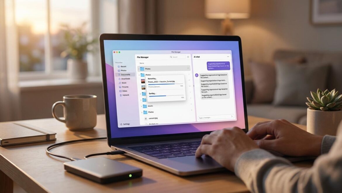 Claude Cowork: el agente que entra a tu Mac y por fin trabaja “solo” Portátil con gestor de archivos y panel de IA mientras renombra y ordena carpetas, con luz suave de tarde y un disco externo al lado